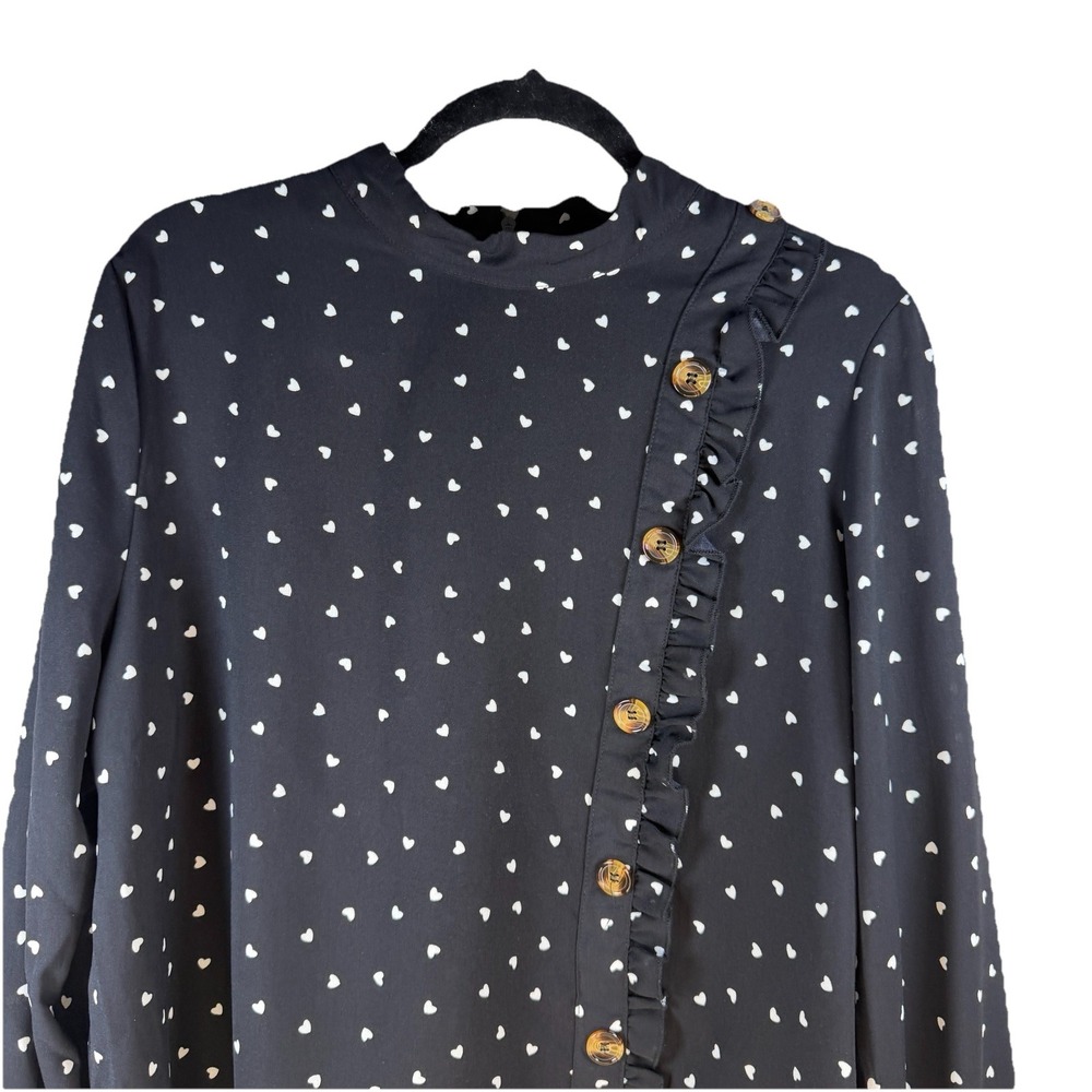 SHEIN Black & white XL Heart pattern Blouse Button Up Gold Glitter Valentine